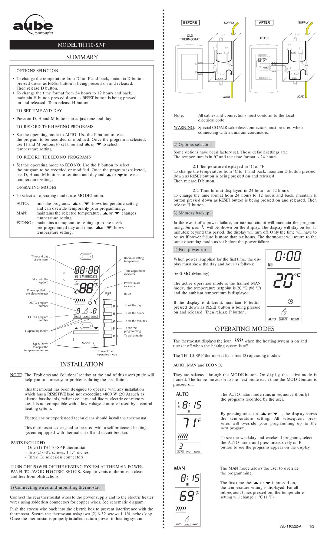 Aube Technologies manual Summary, Installation, Operating Modes, Model TH110-SP-P 