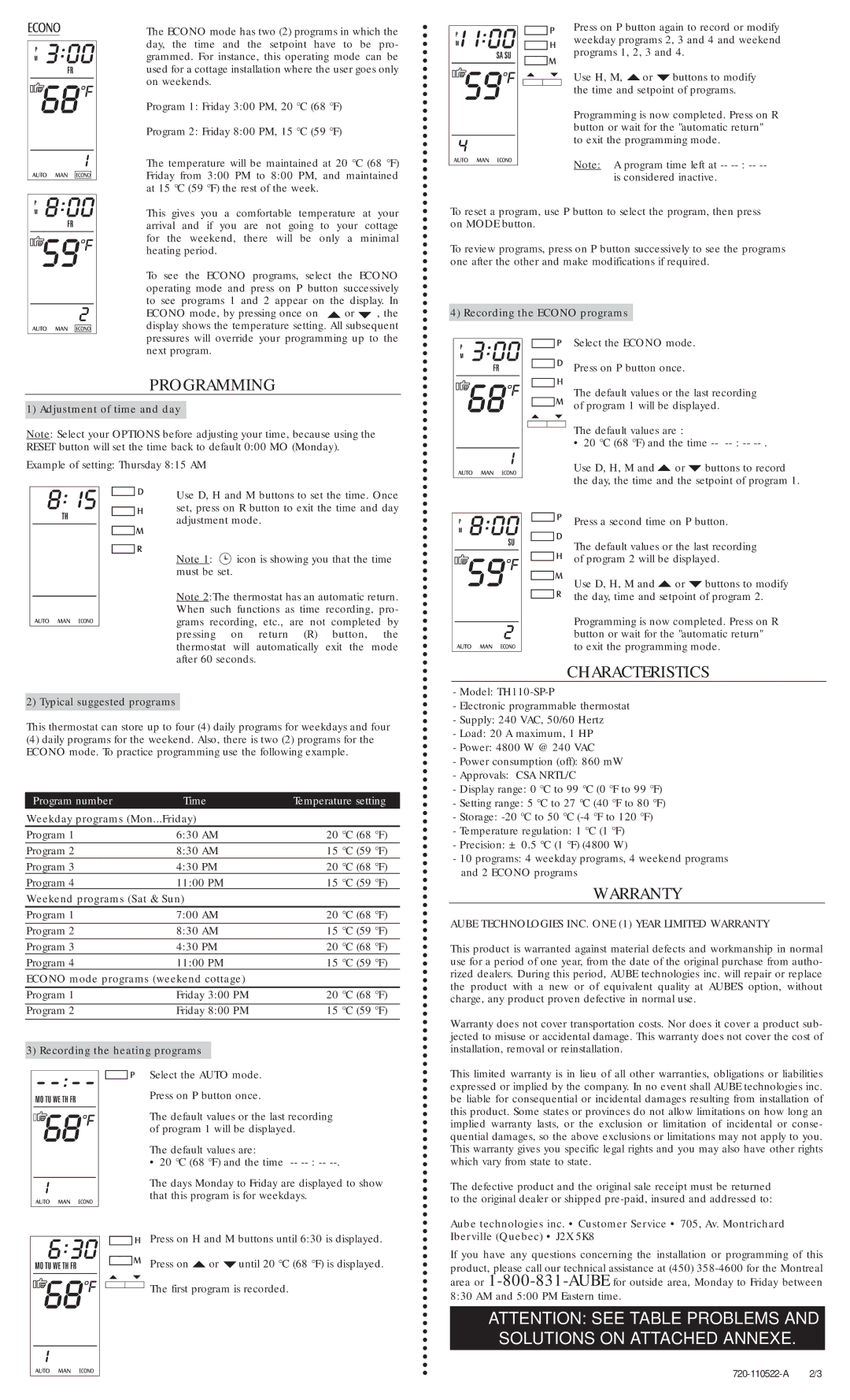 Aube Technologies TH110-SP-P manual Programming, Characteristics, Warranty, Typical suggested programs 