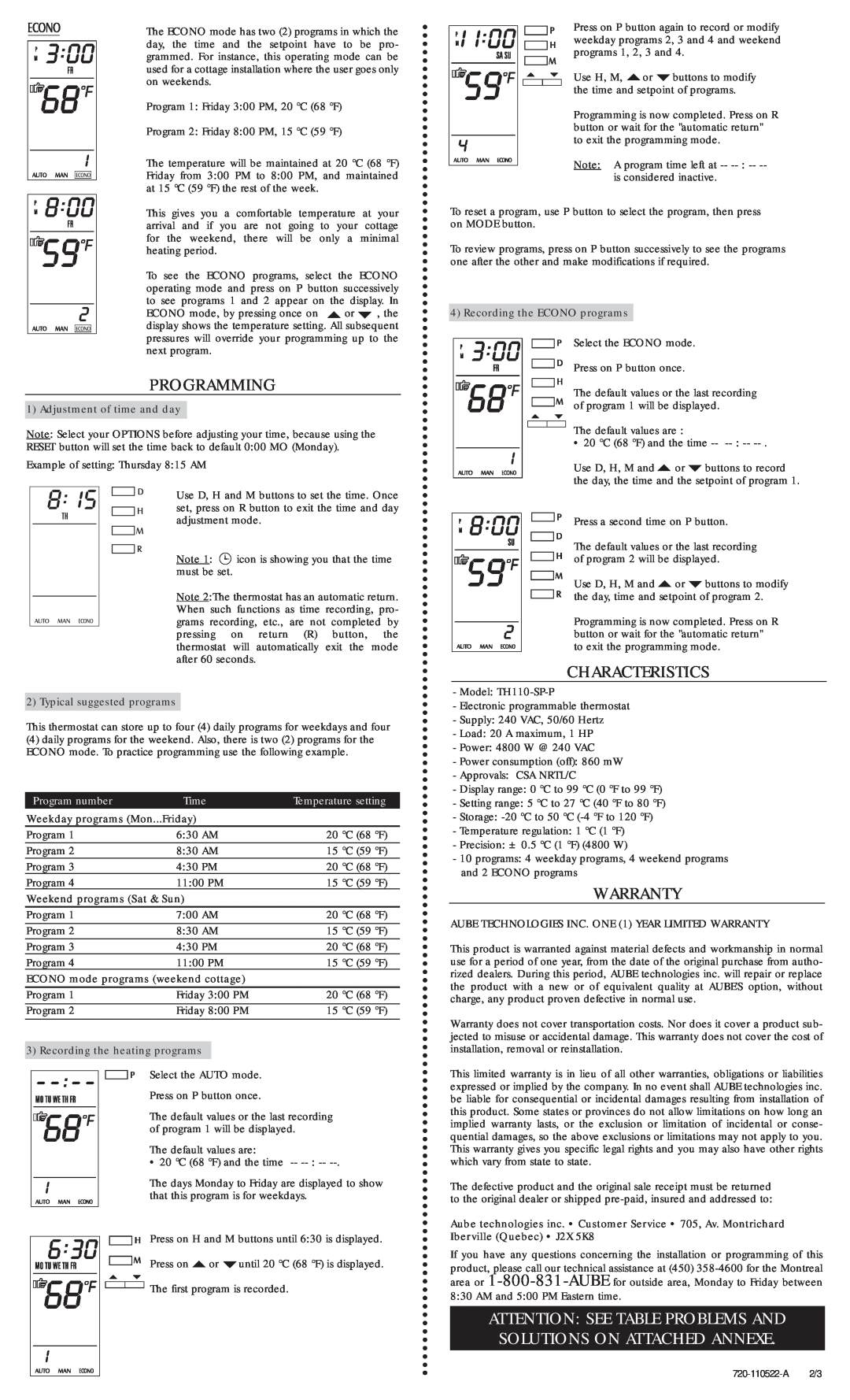 Aube Technologies TH110-SP-P manual Programming, Characteristics, Warranty, Program number, Time, Temperature setting 