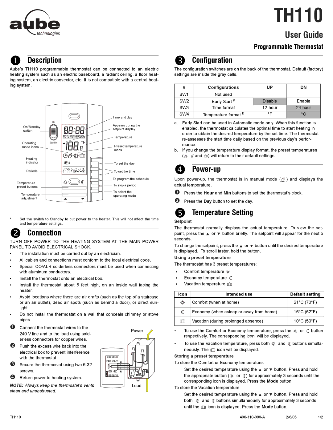 Aube Technologies TH110 manual Description, Configuration, Power-up, Connection, Temperature Setting 