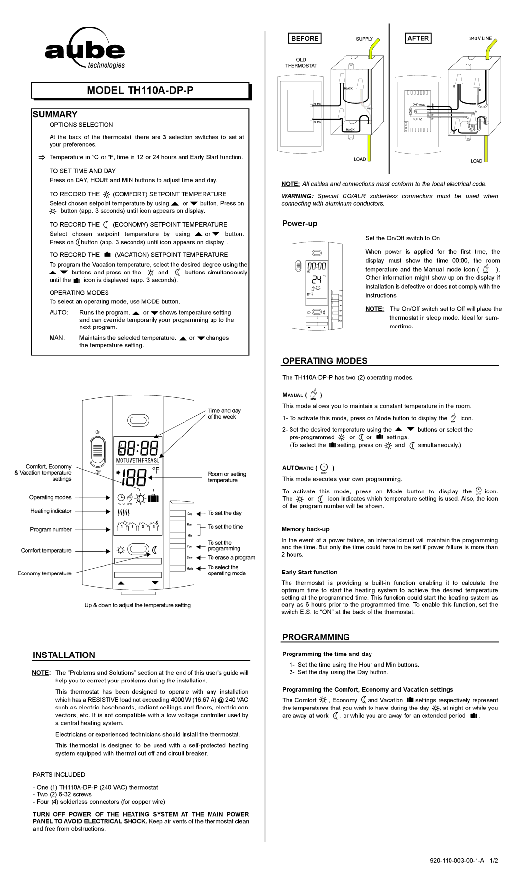 Aube Technologies TH110A-DP-P manual Summary, Installation, Operating Modes, Programming 