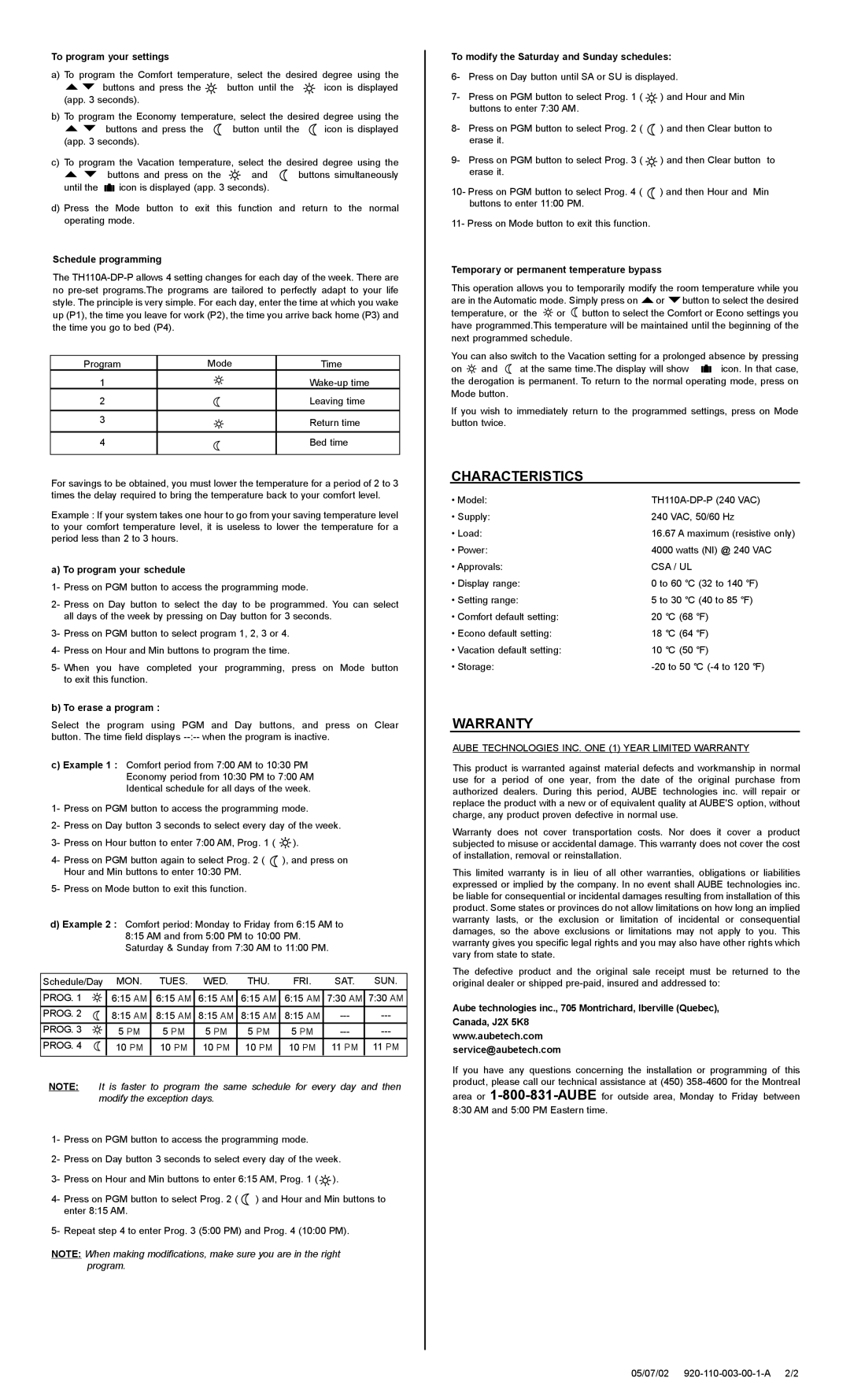 Aube Technologies TH110A-DP-P manual Characteristics, Warranty 