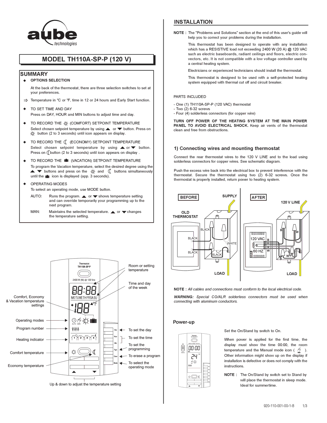 Aube Technologies TH110A-SP-P manual Summary, Installation, Options Selection, Line 