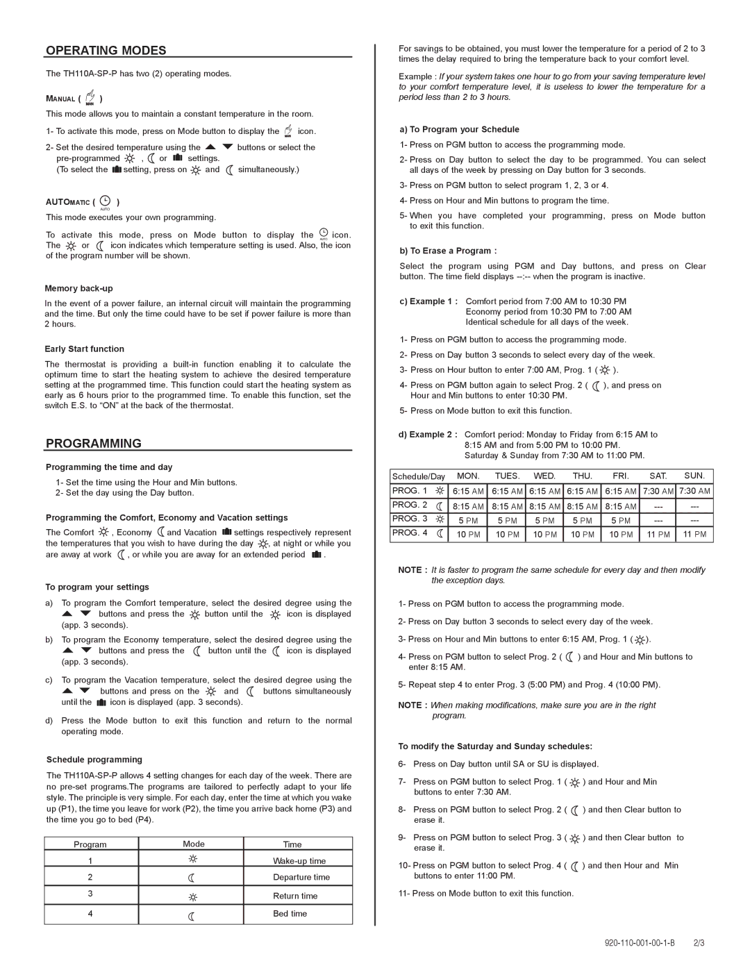 Aube Technologies TH110A-SP-P manual Operating Modes, Programming 