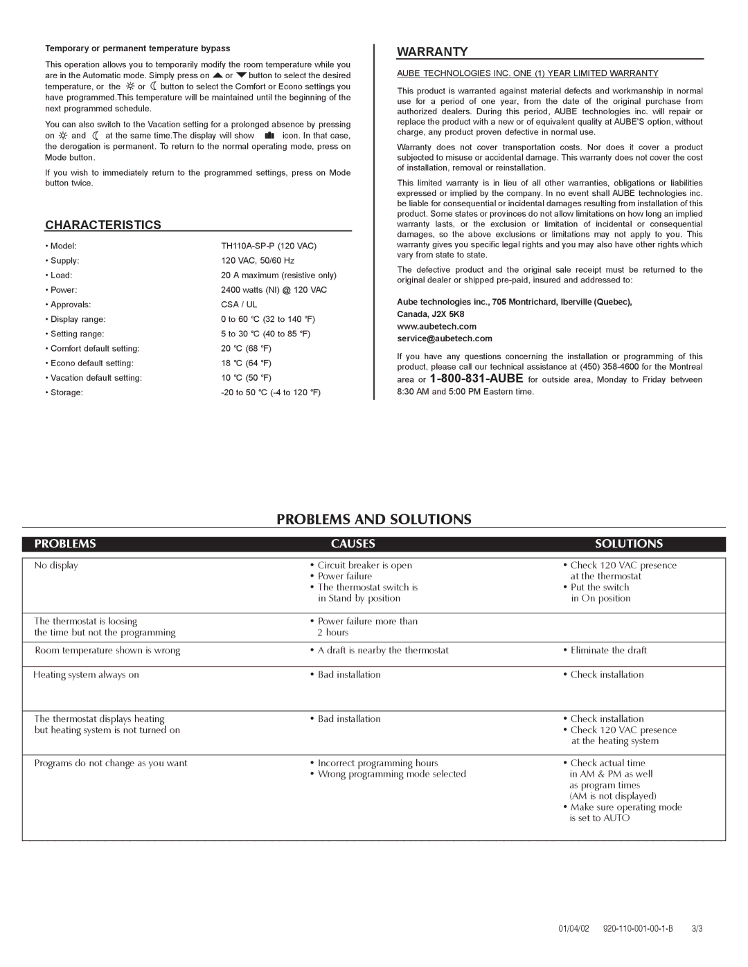 Aube Technologies TH110A-SP-P manual Characteristics, Warranty, Temporary or permanent temperature bypass, Csa / Ul 