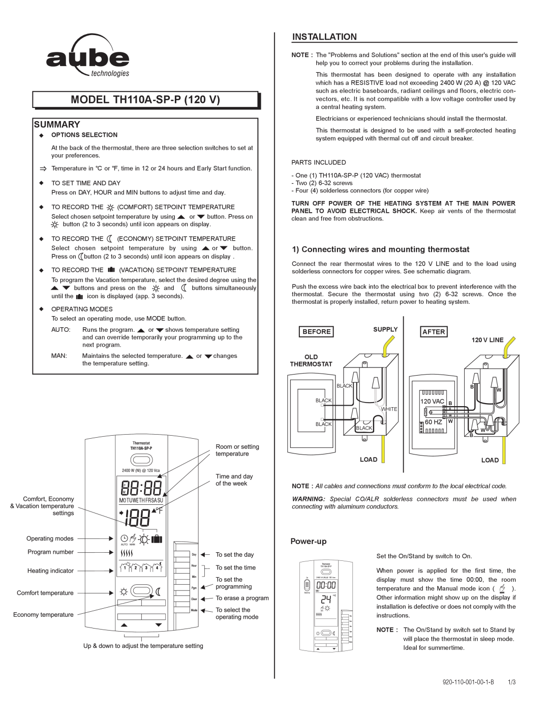 Aube Technologies manual Summary, Installation, MODEL TH110A-SP-P 120, Connecting wires and mounting thermostat, Before 