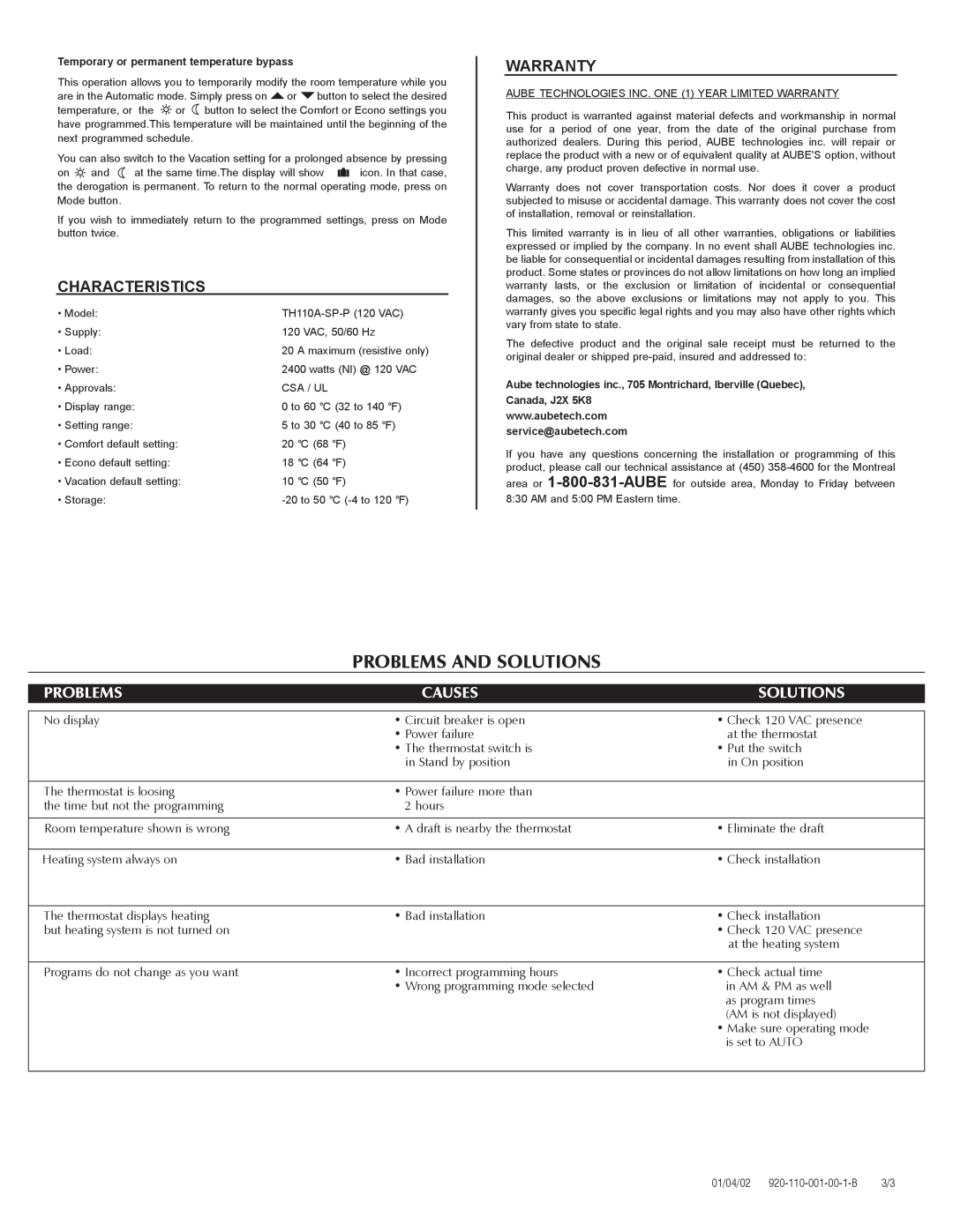 Aube Technologies TH110A-SP-P manual Characteristics, Warranty, Problems And Solutions, Causes 