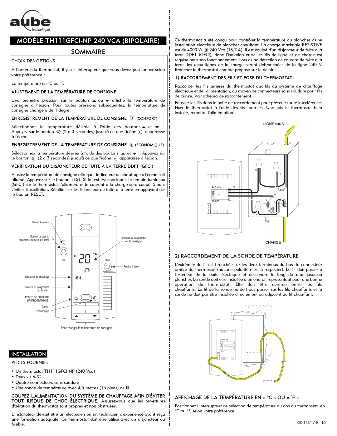 Aube Technologies TH111GFCI-NP 240 VCA manual 5$&&25017/$621703e5$785, $,&+$*/$703e5$7851ƒ&ª28ƒª 