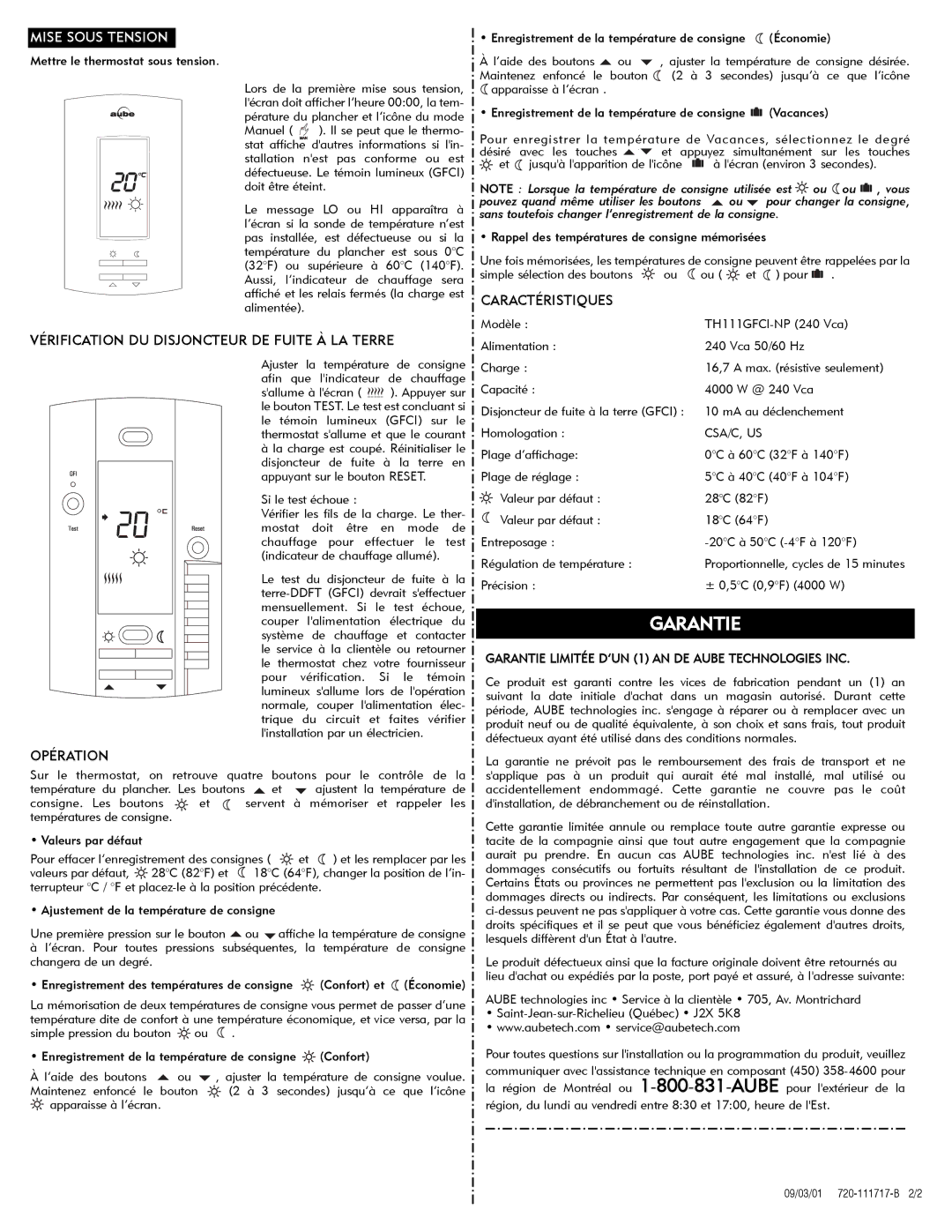 Aube Technologies TH111GFCI-NP 240 VCA manual 9e5,,&$7,218,6-21&7858,7­/$755, 23e5$7,21, $5$&7e5,67,486 