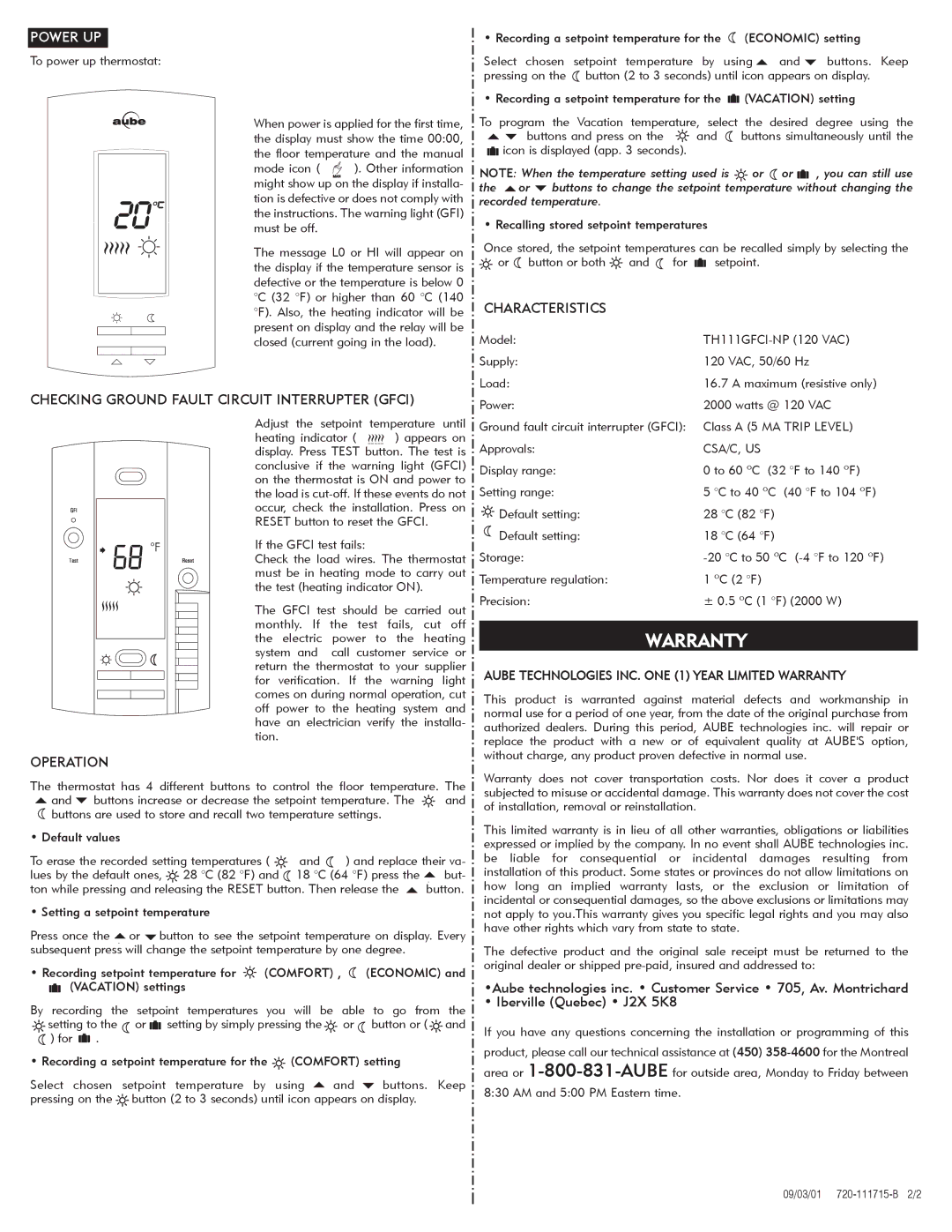 Aube Technologies TH111GFCI-NP manual Power UP, Operation, Characteristics 