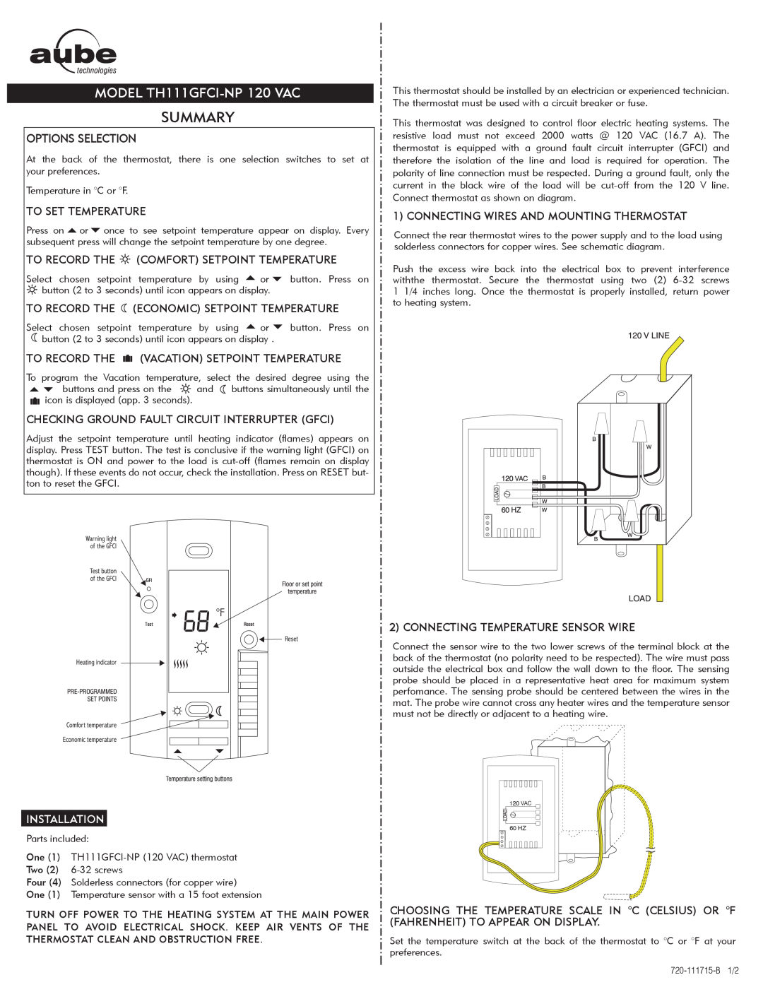 Aube Technologies manual Installation, Summary, MODEL TH111GFCI-NP 120 VAC, Options Selection 