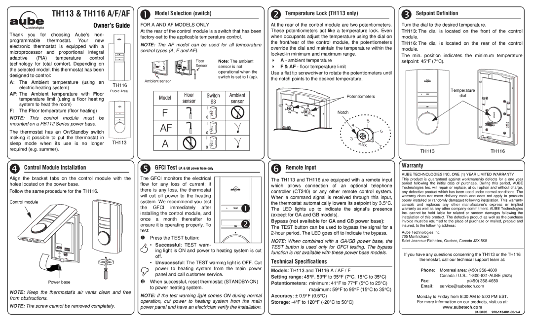 Aube Technologies TH113 A technical specifications Model Selection switch, Temperature Lock TH1 1 3 only, Gfci Test 