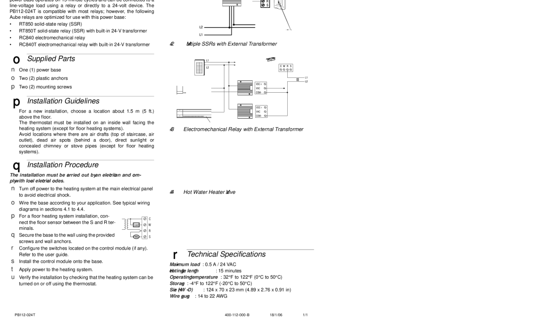 Aube Technologies TH113 A Applications, Supplied Parts, Installation Guidelines, Installation Procedure 