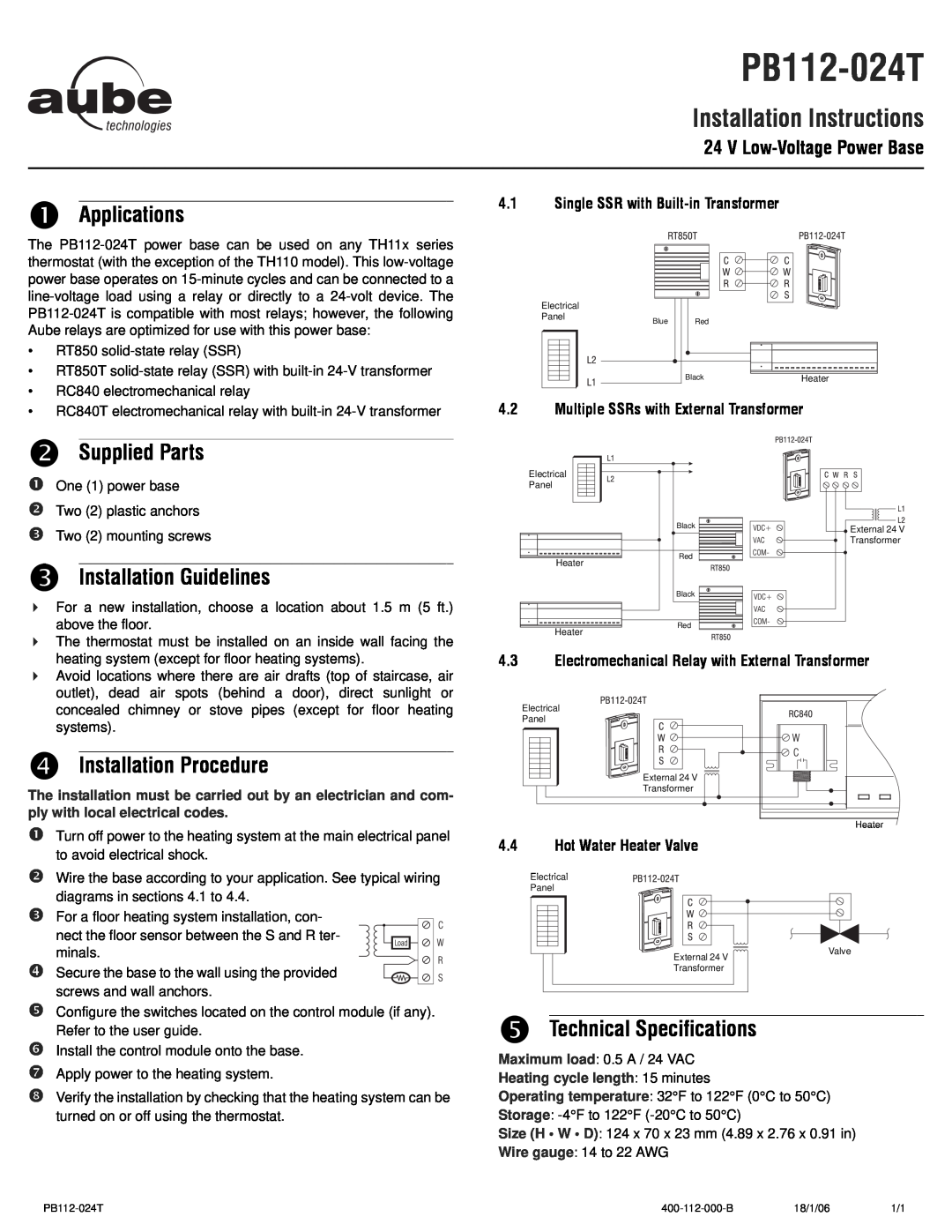 Aube Technologies TH113 A PB112-024T, Installation Instructions, n Applications, o Supplied Parts, Hot Water Heater Valve 