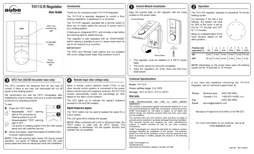 Aube Technologies TH113-R technical specifications Introduction, Control Module Installation, Operation, Warranty 