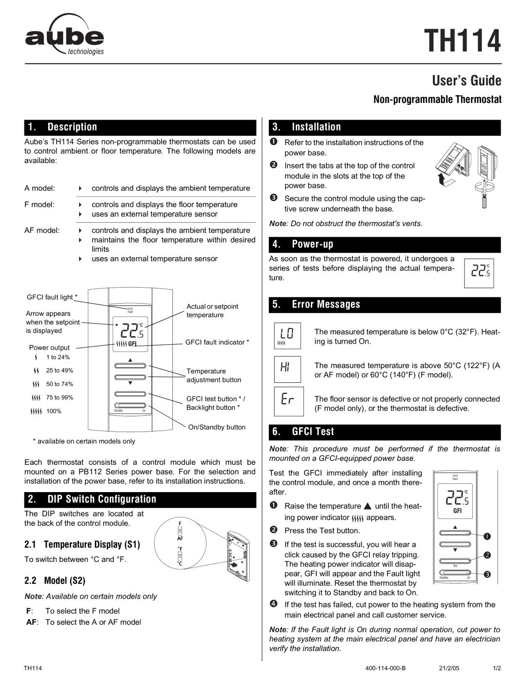 Aube Technologies TH114 installation instructions Description, Nstallation, Power-up, Error Messages, Gfci Test 