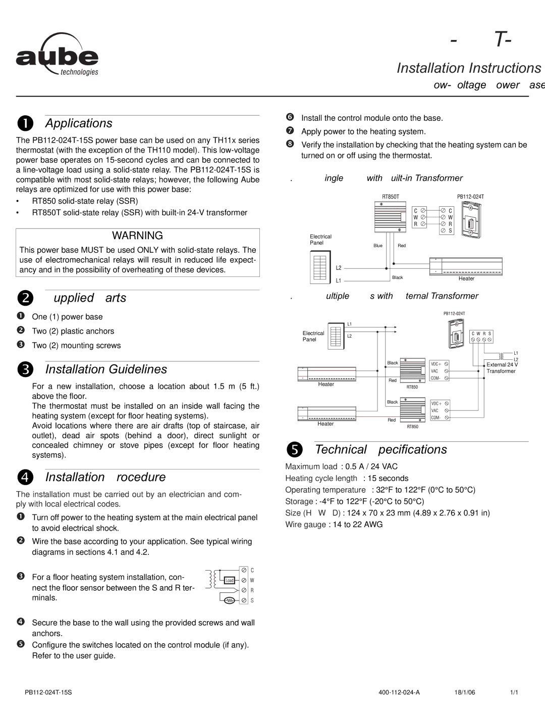 Aube Technologies TH114 Applications, Supplied Parts, Installation Guidelines, Installation Procedure 