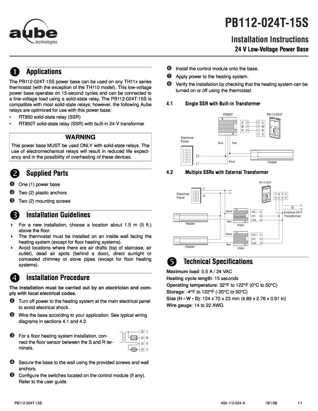 Aube Technologies TH114 PB112-024T-15S, Installation Instructions, n Applications, o Supplied Parts 