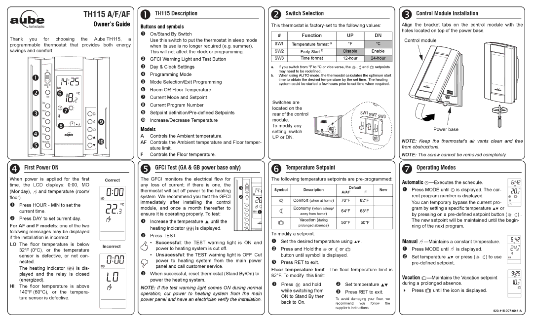 Aube Technologies manual TH115 Description, Switch Selection, Control Module Installation, First Power on 