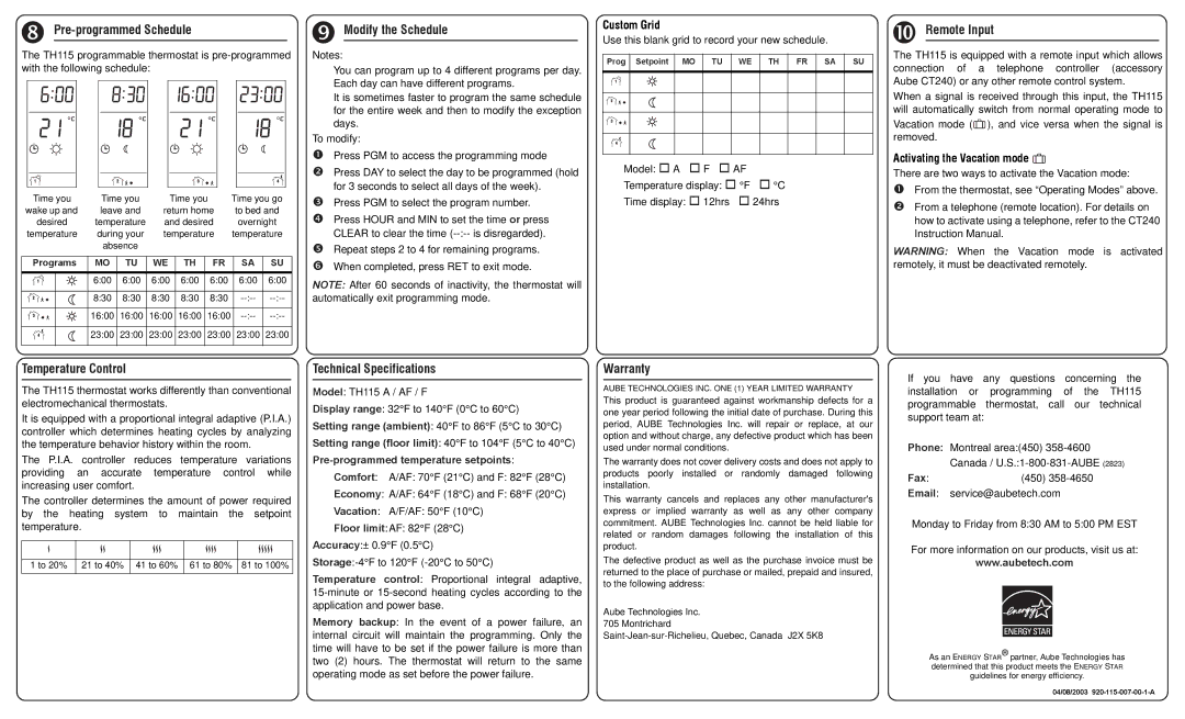 Aube Technologies TH115 manual Pre-programmed Schedule, Modify the Schedule, Remote Input, Temperature Control, Warranty 