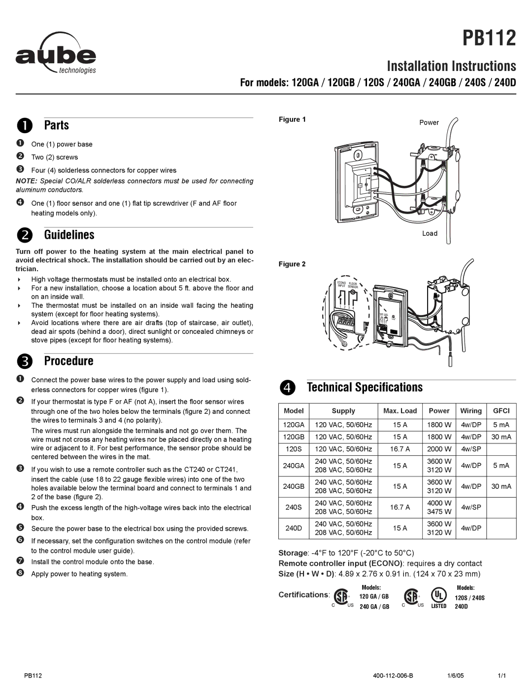 Aube Technologies TH115 manual Parts, Guidelines, Procedure, Technical Specifications 