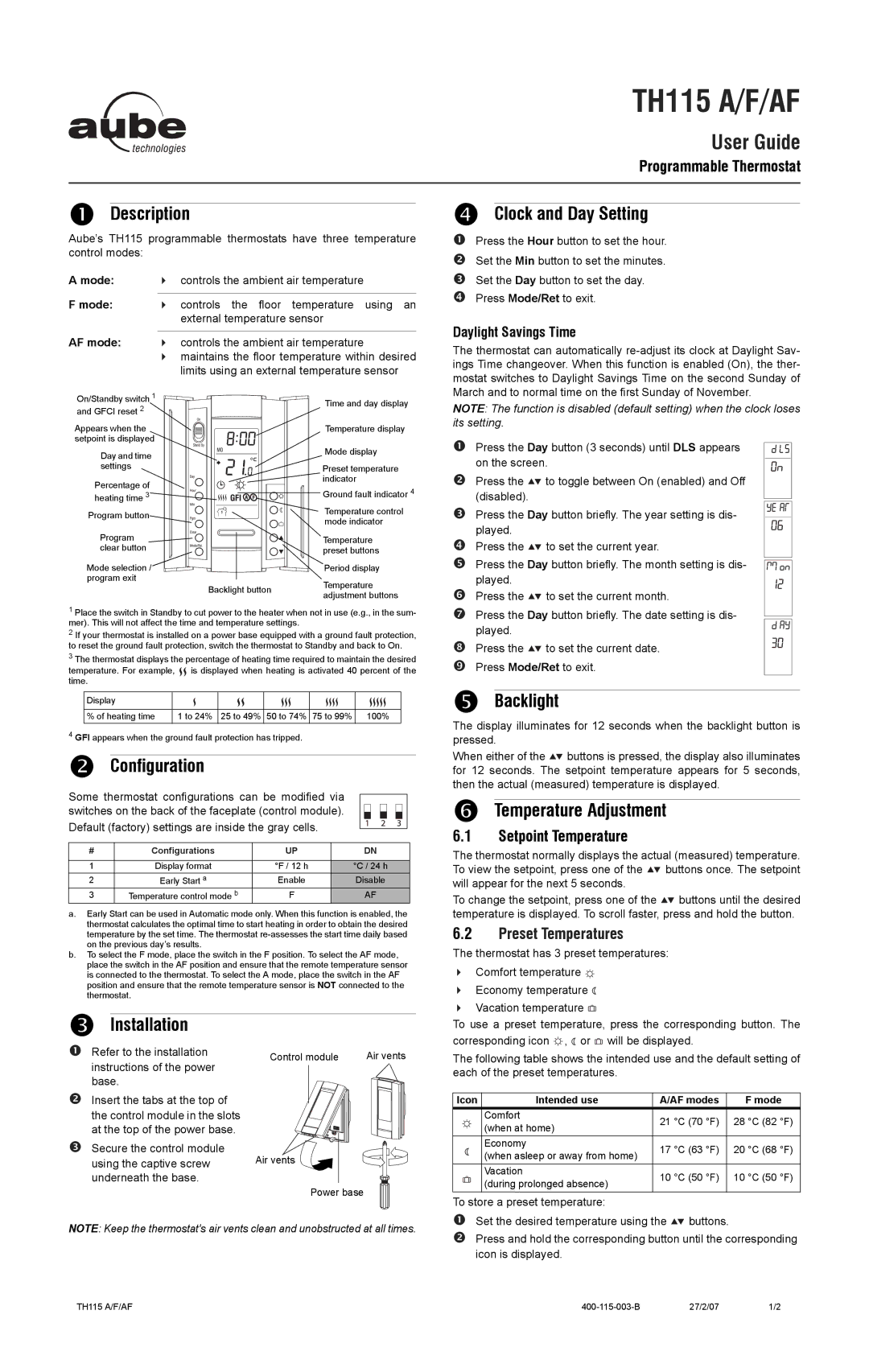 Aube Technologies TH115 installation instructions Description, Configuration, Installation, Clock and Day Setting 