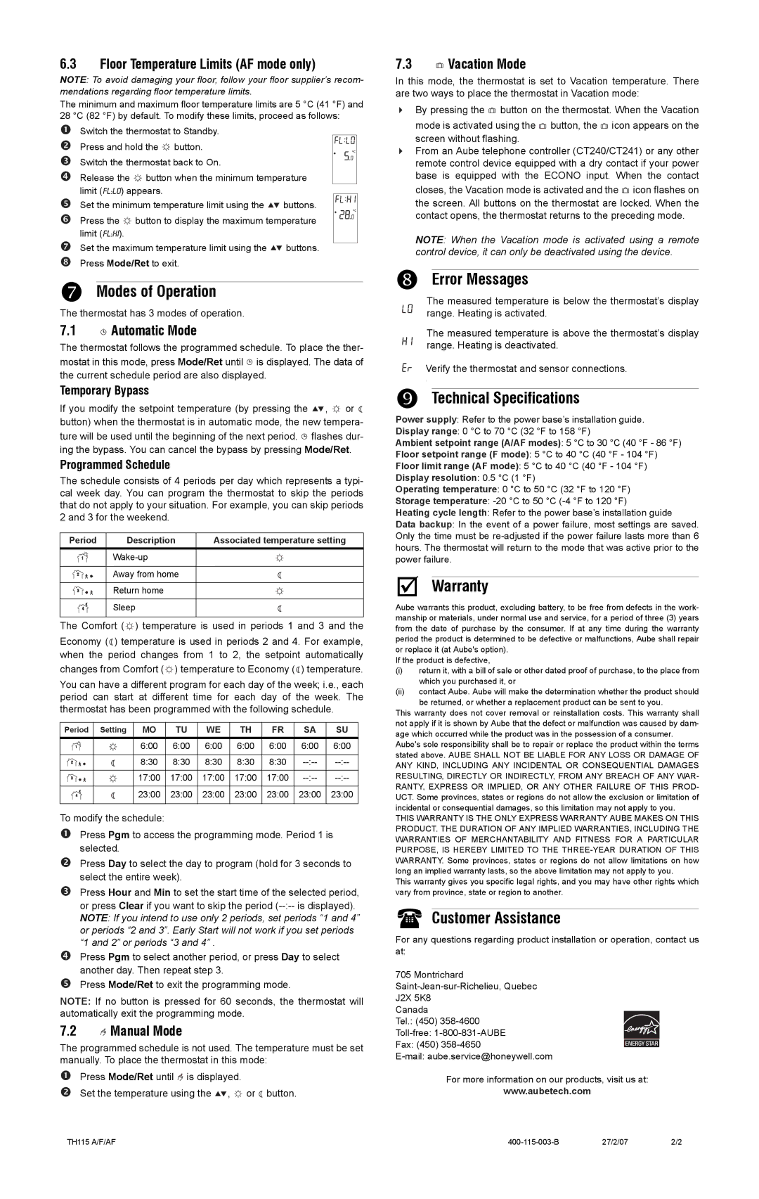 Aube Technologies TH115 Modes of Operation, Error Messages, Technical Specifications, Warranty, Customer Assistance 