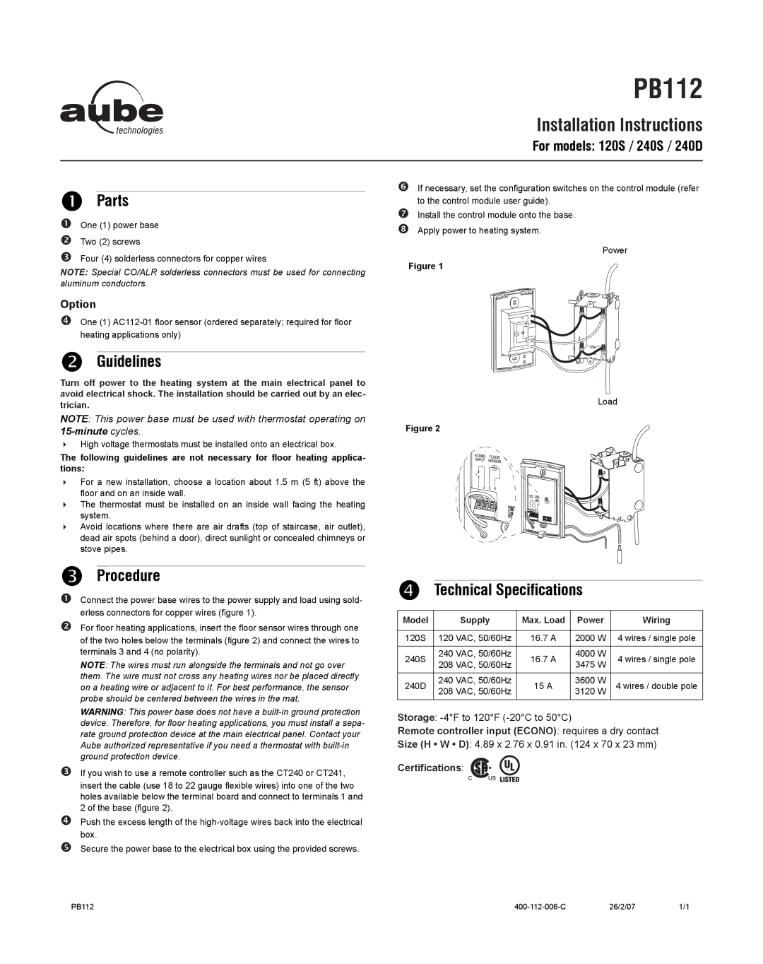 Aube Technologies TH115 installation instructions Parts, Guidelines, Procedure 