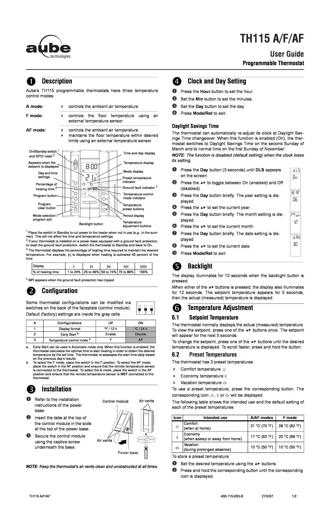 Aube Technologies TH115 installation instructions n Description, o Configuration, p Installation, q Clock and Day Setting 
