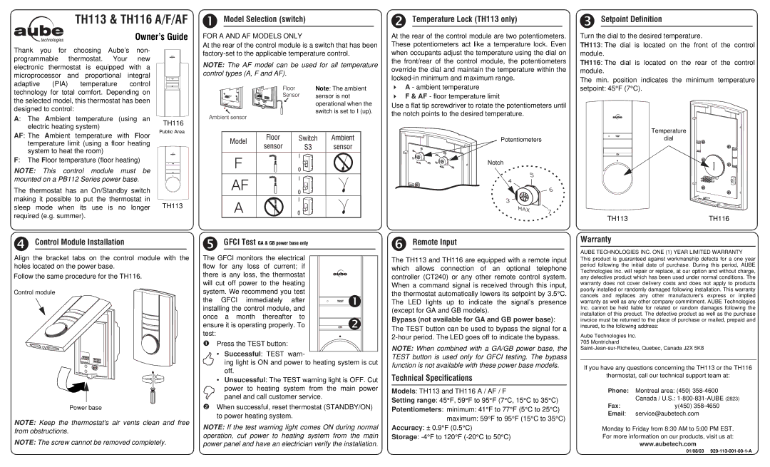 Aube Technologies TH116 A/F/AF technical specifications Model Selection switch, Temperature Lock TH1 1 3 only, Gfci Test 