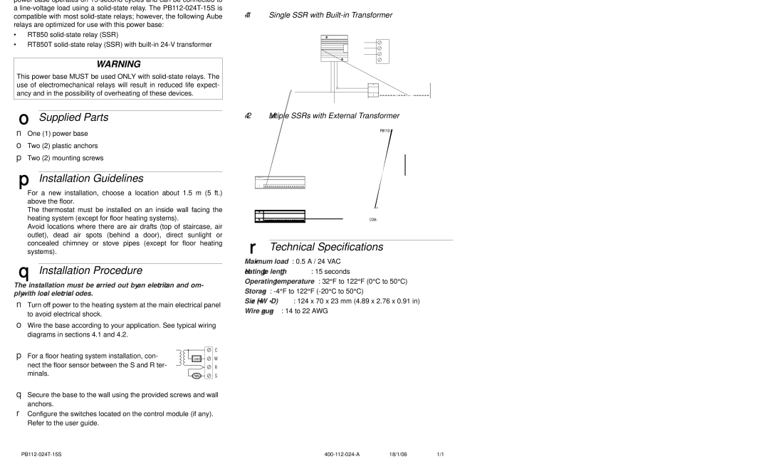 Aube Technologies TH116 A/F/AF Applications, Supplied Parts, Installation Guidelines, Installation Procedure 