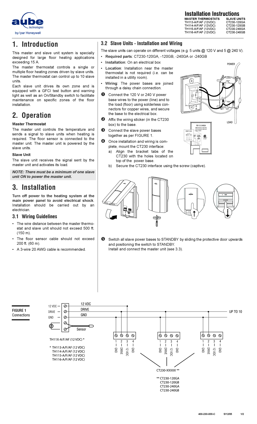 Aube Technologies TH113 F, TH116 F Introduction, Operation, Wiring Guidelines, Slave Units Installation and Wiring 