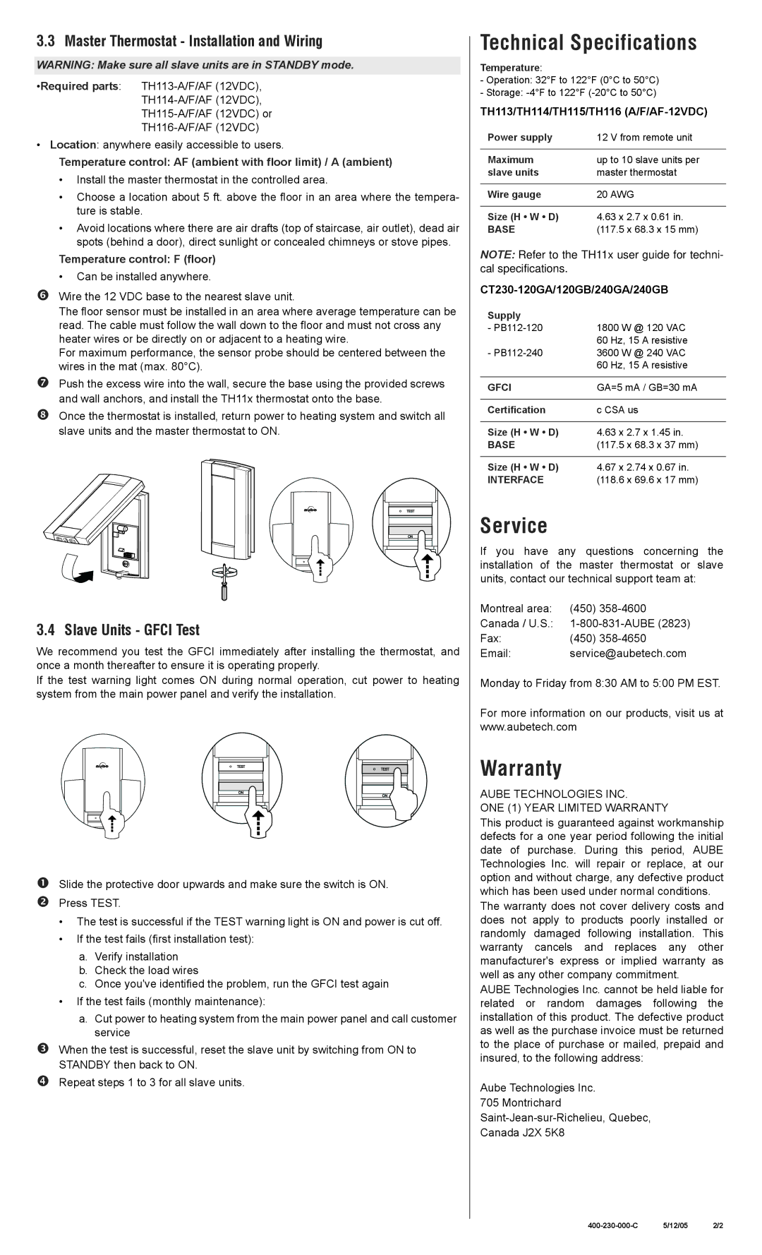 Aube Technologies TH116 A, TH116 F Technical Specifications, Service, Warranty, Master Thermostat Installation and Wiring 