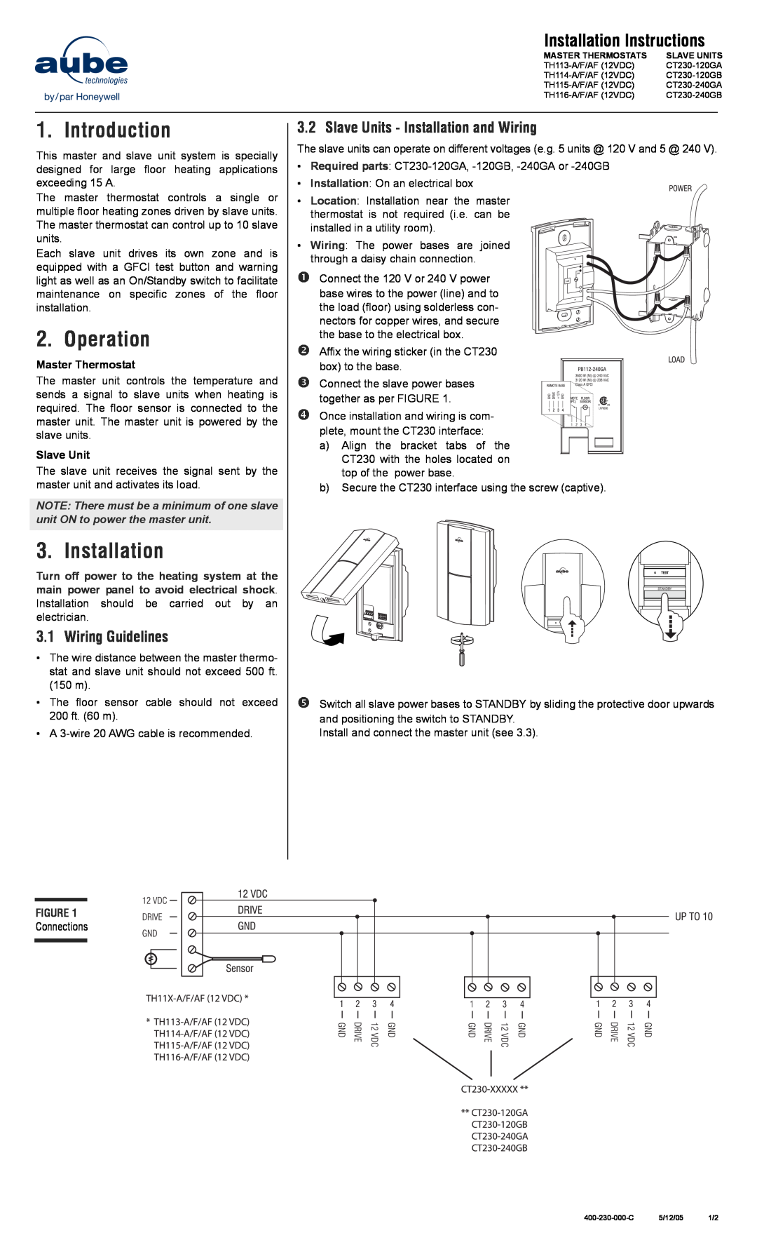 Aube Technologies TH113 F, TH116 F Introduction, Operation, Wiring Guidelines, Slave Units - Installation and Wiring 