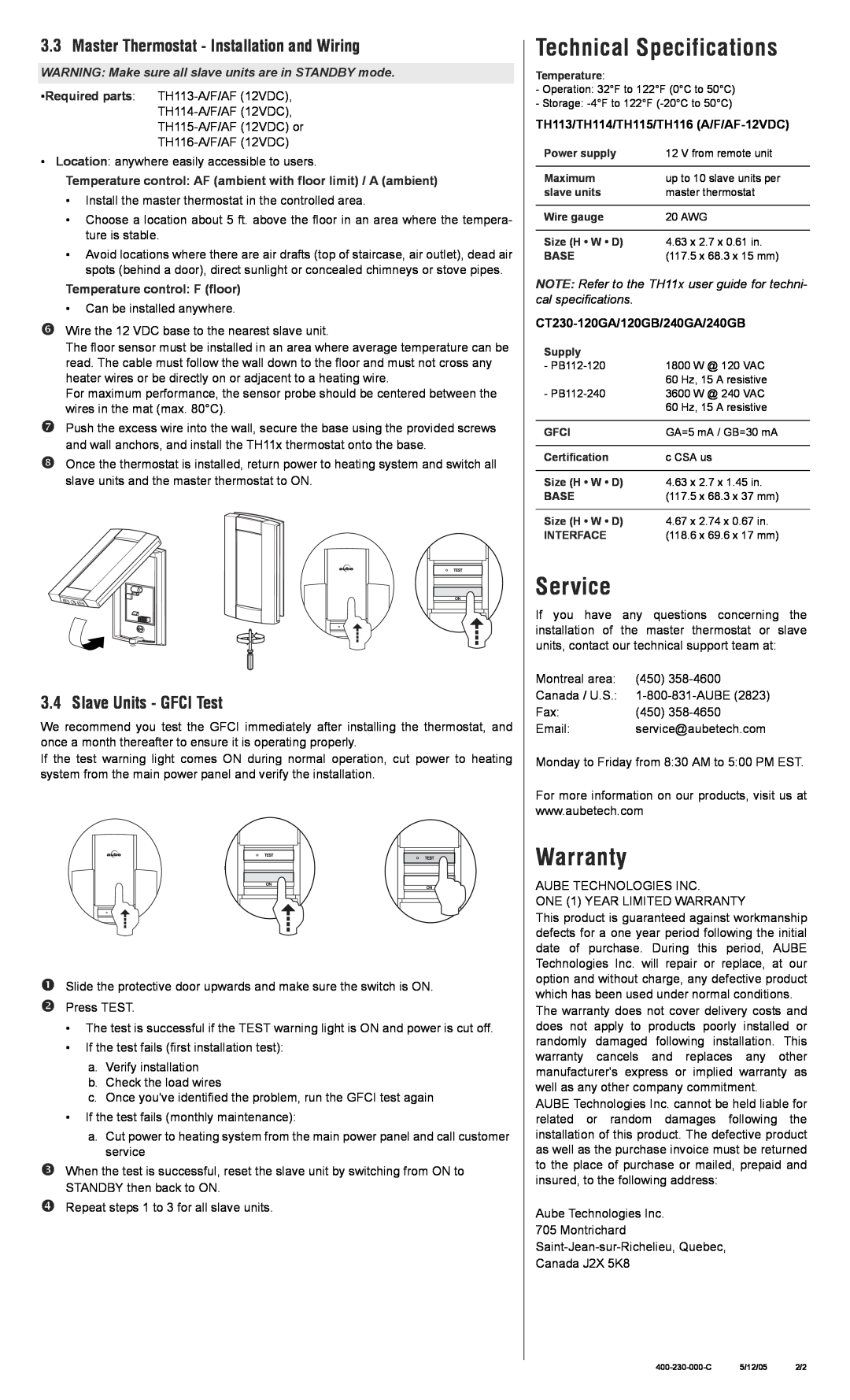 Aube Technologies TH116 A Technical Specifications, Service, Warranty, Master Thermostat - Installation and Wiring 
