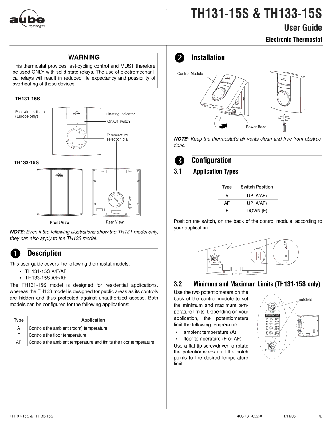 Aube Technologies TH133-15S manual Installation, Description, Application Types, Minimum and Maximum Limits TH131-15S only 