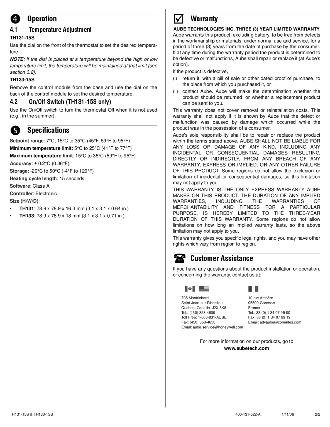 Aube Technologies TH131-15S, TH133-15S manual Operation, Specifications, Warranty, Customer Assistance 