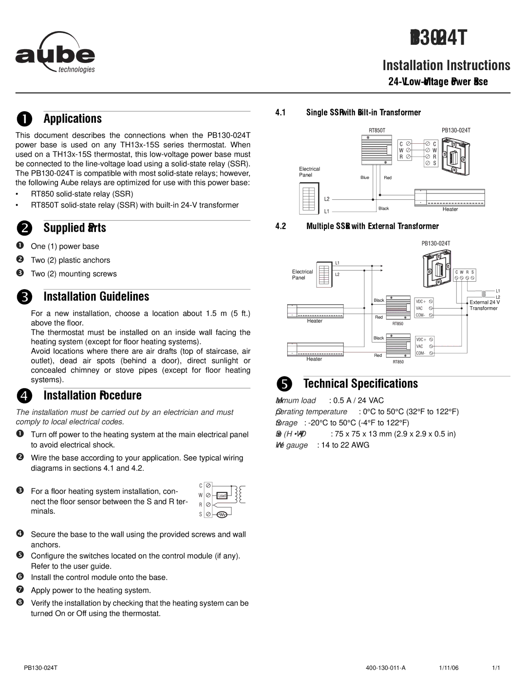 Aube Technologies TH133-15S, TH131-15S manual Applications, Supplied Parts, Installation Guidelines, Installation Procedure 