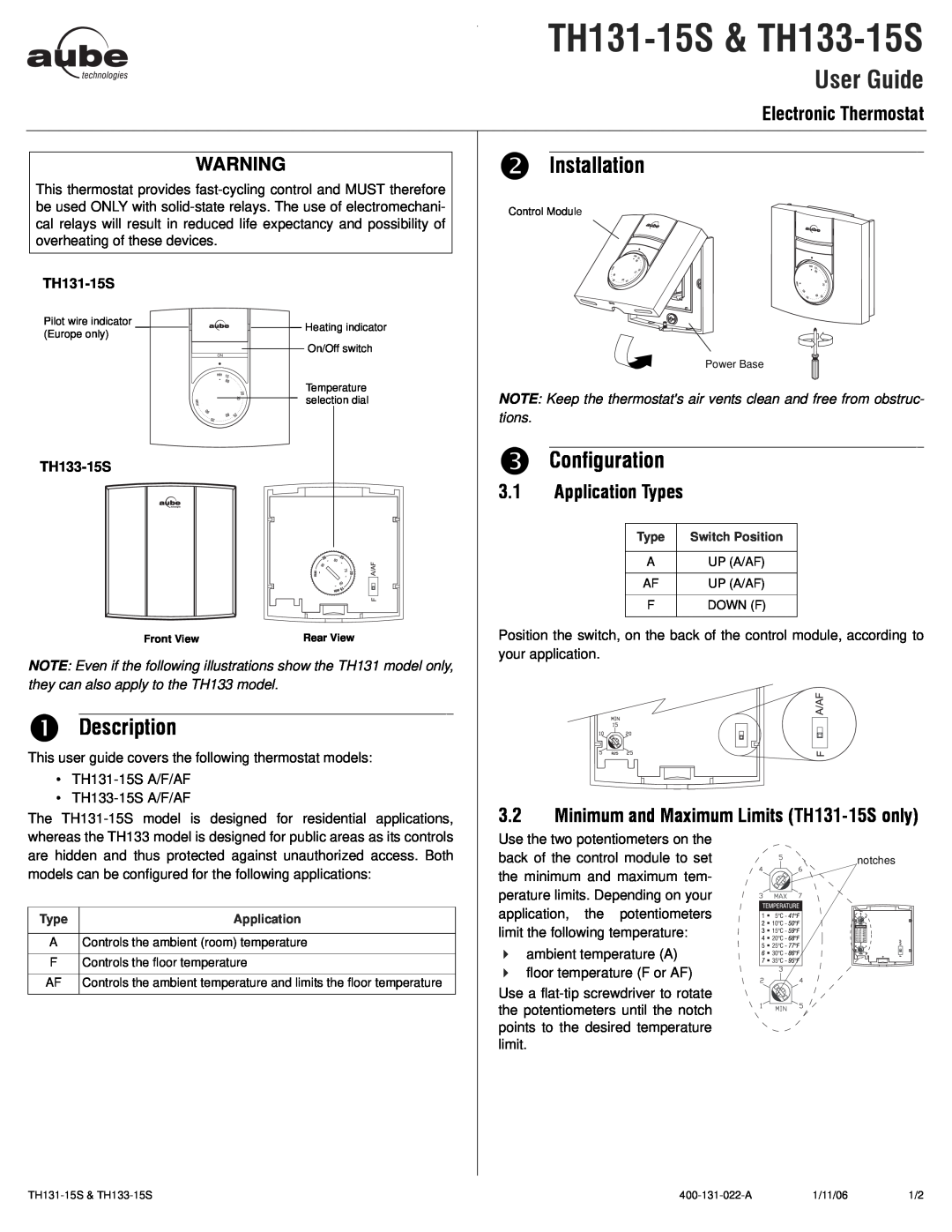 Aube Technologies TH133-15S manual o Installation, n Description, Electronic Thermostat, Application Types, TH131-15S 