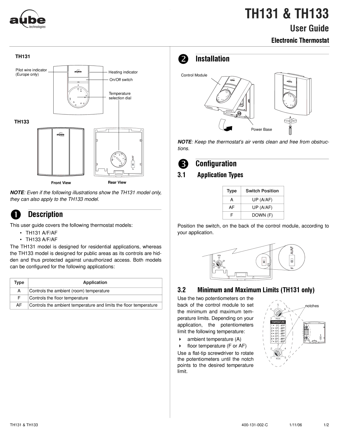 Aube Technologies TH133, TH131 manual Installation, Description, Configuration 