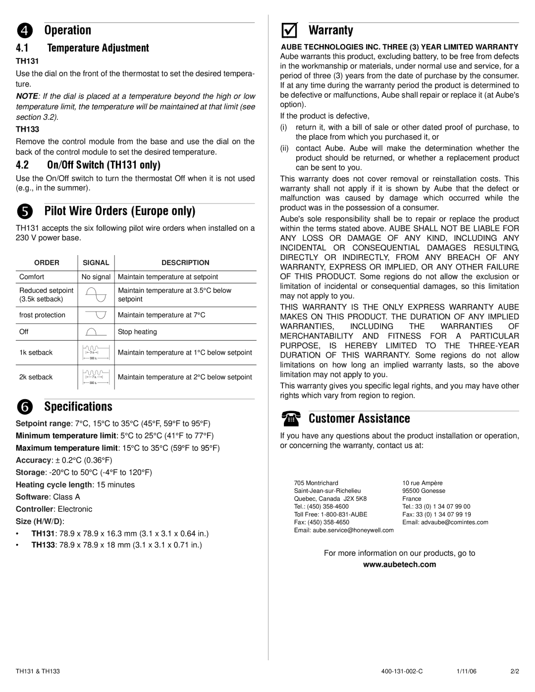 Aube Technologies TH131, TH133 Operation, Pilot Wire Orders Europe only, Specifications, Warranty, Customer Assistance 