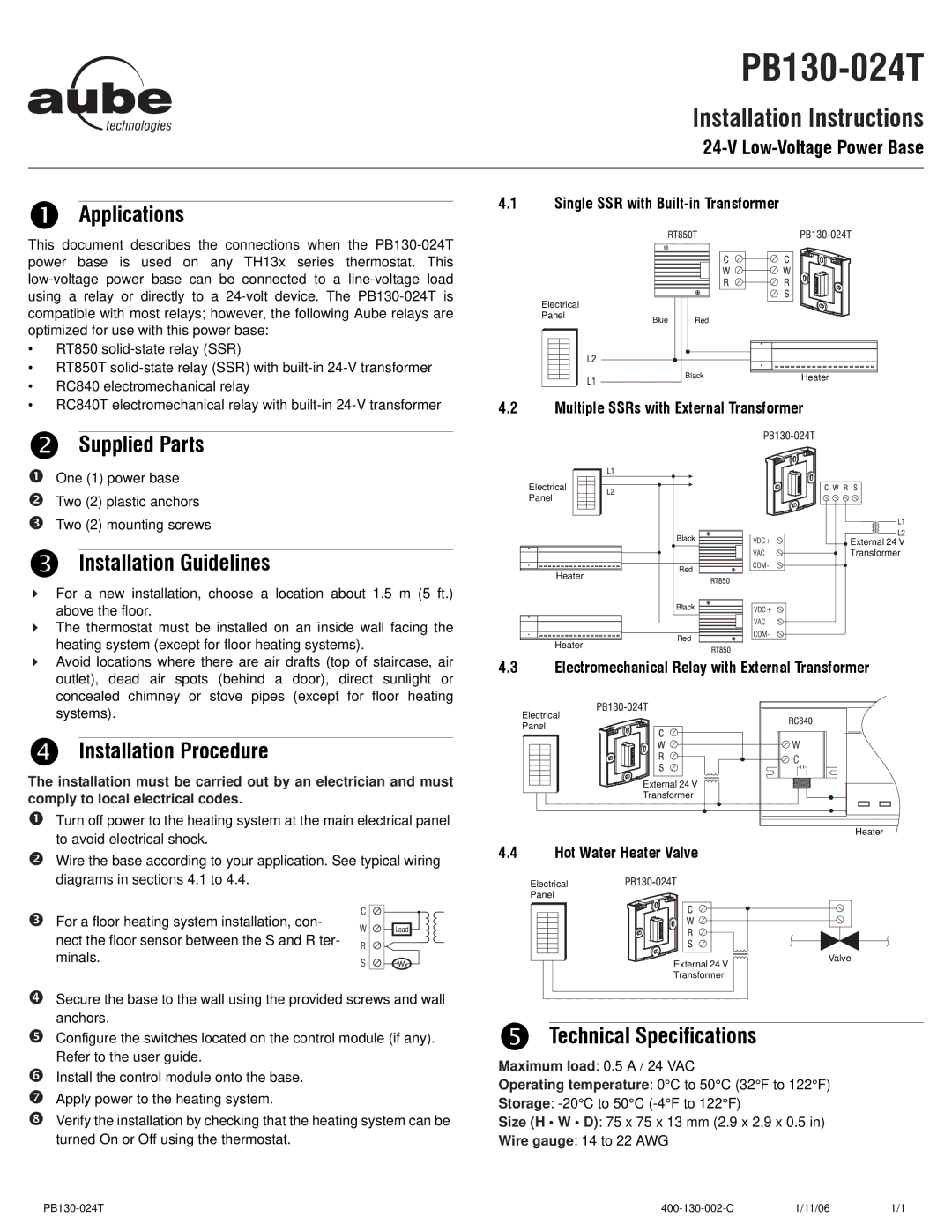 Aube Technologies TH133, TH131 manual Applications, Supplied Parts, Installation Guidelines, Installation Procedure 