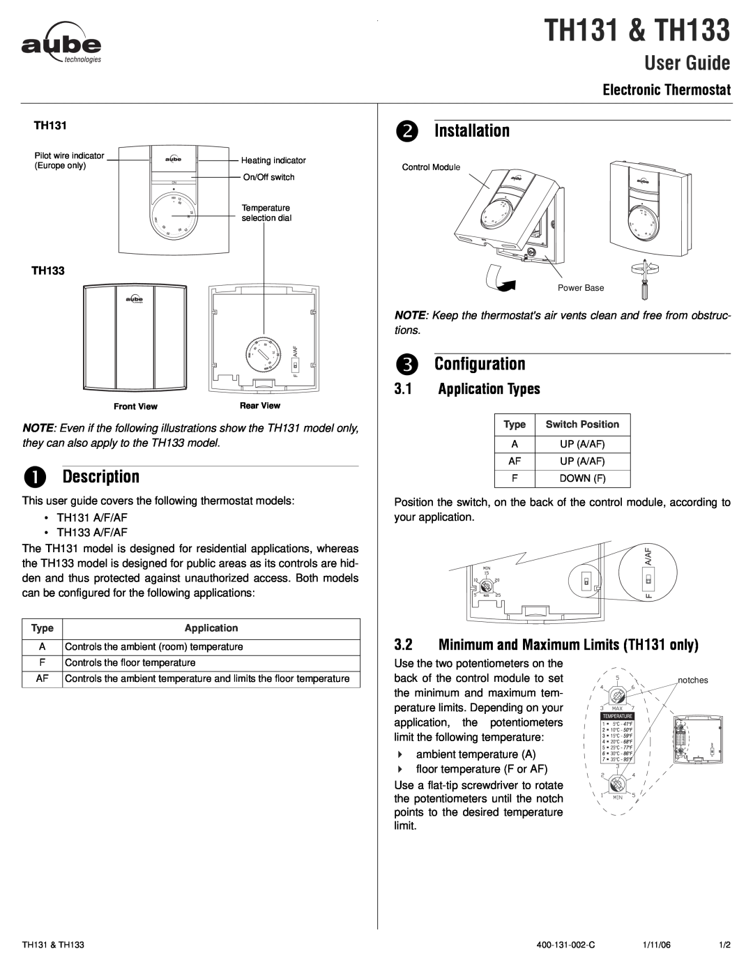 Aube Technologies TH133 manual o Installation, n Description, p Configuration, Electronic Thermostat, Application Types 