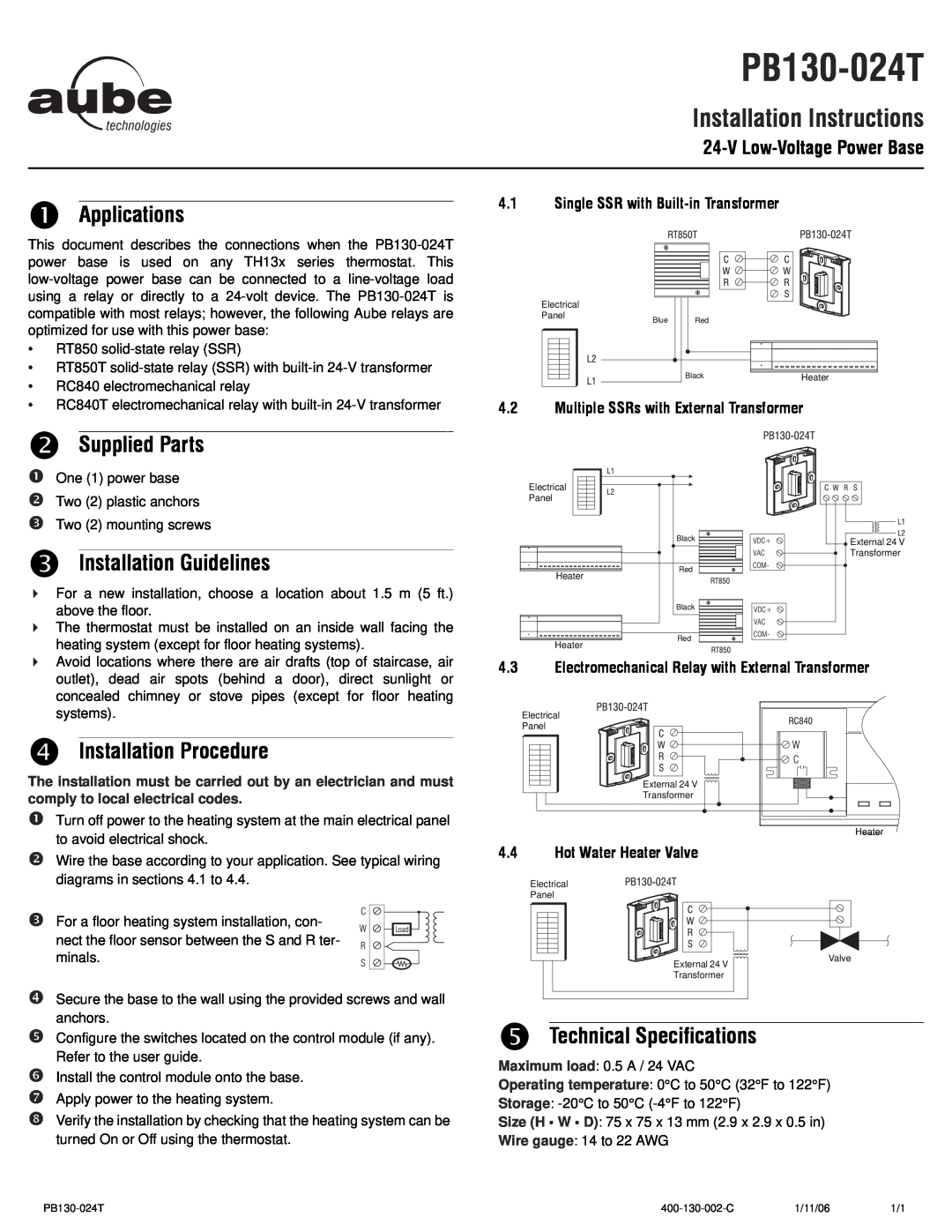 Aube Technologies TH133 n Applications, o Supplied Parts, p Installation Guidelines, q Installation Procedure, PB130-024T 