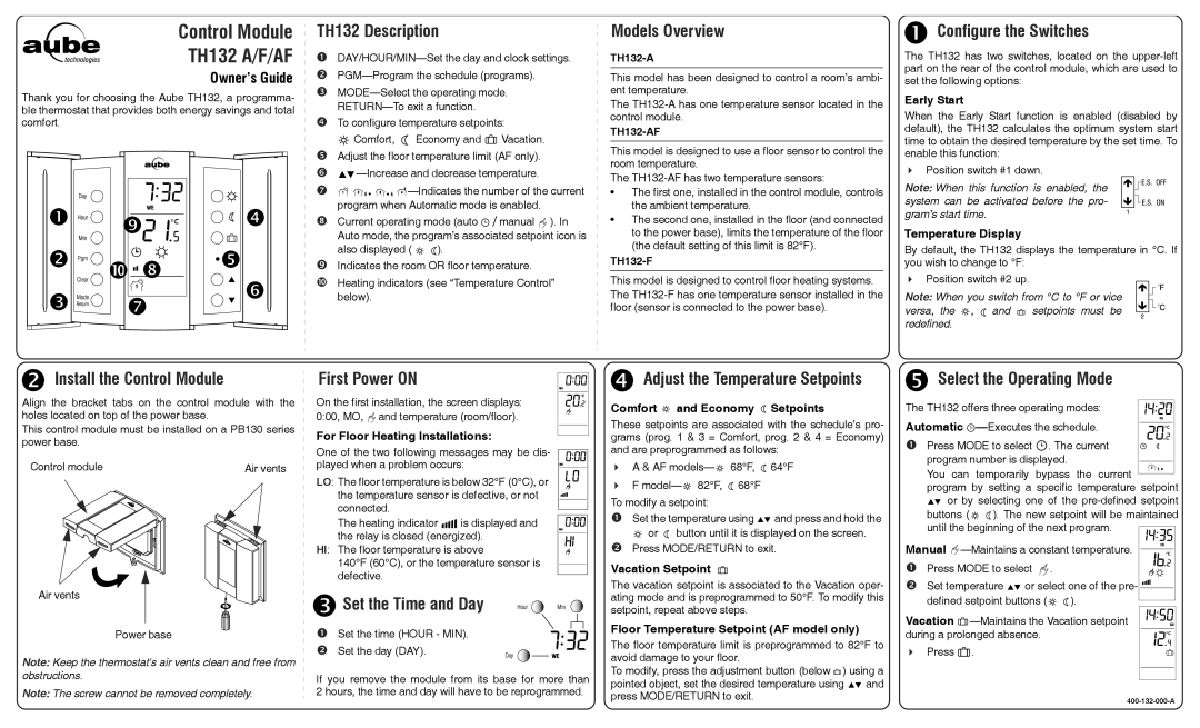 Aube Technologies TH132 A/F/AF manual TH132 Description, Models Overview, Configure the Switches, First Power on 