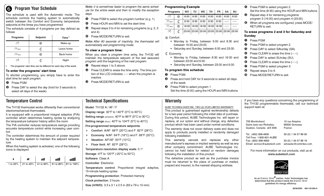 Aube Technologies TH132 A/F/AF manual Program Your Schedule, Temperature Control, Technical Specifications, Warranty 