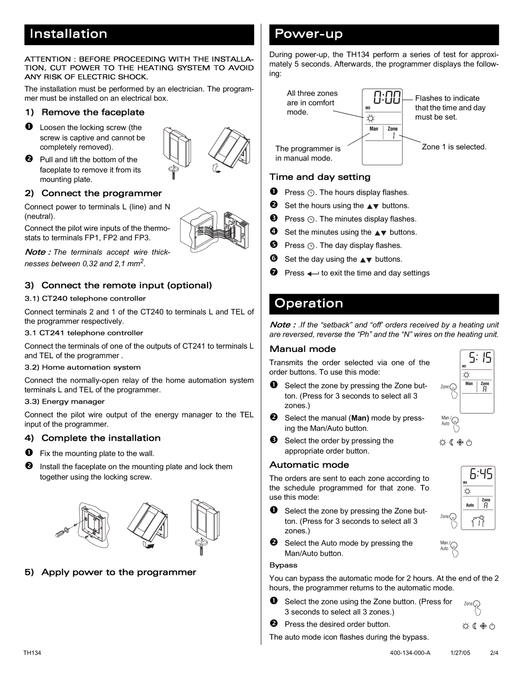 Aube Technologies TH134 manual Installation, Power-up, Operation 