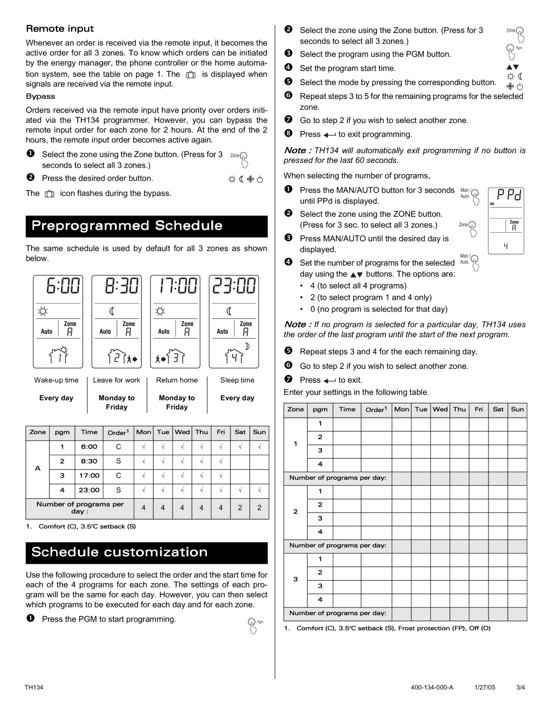 Aube Technologies TH134 manual Preprogrammed Schedule, Schedule customization 