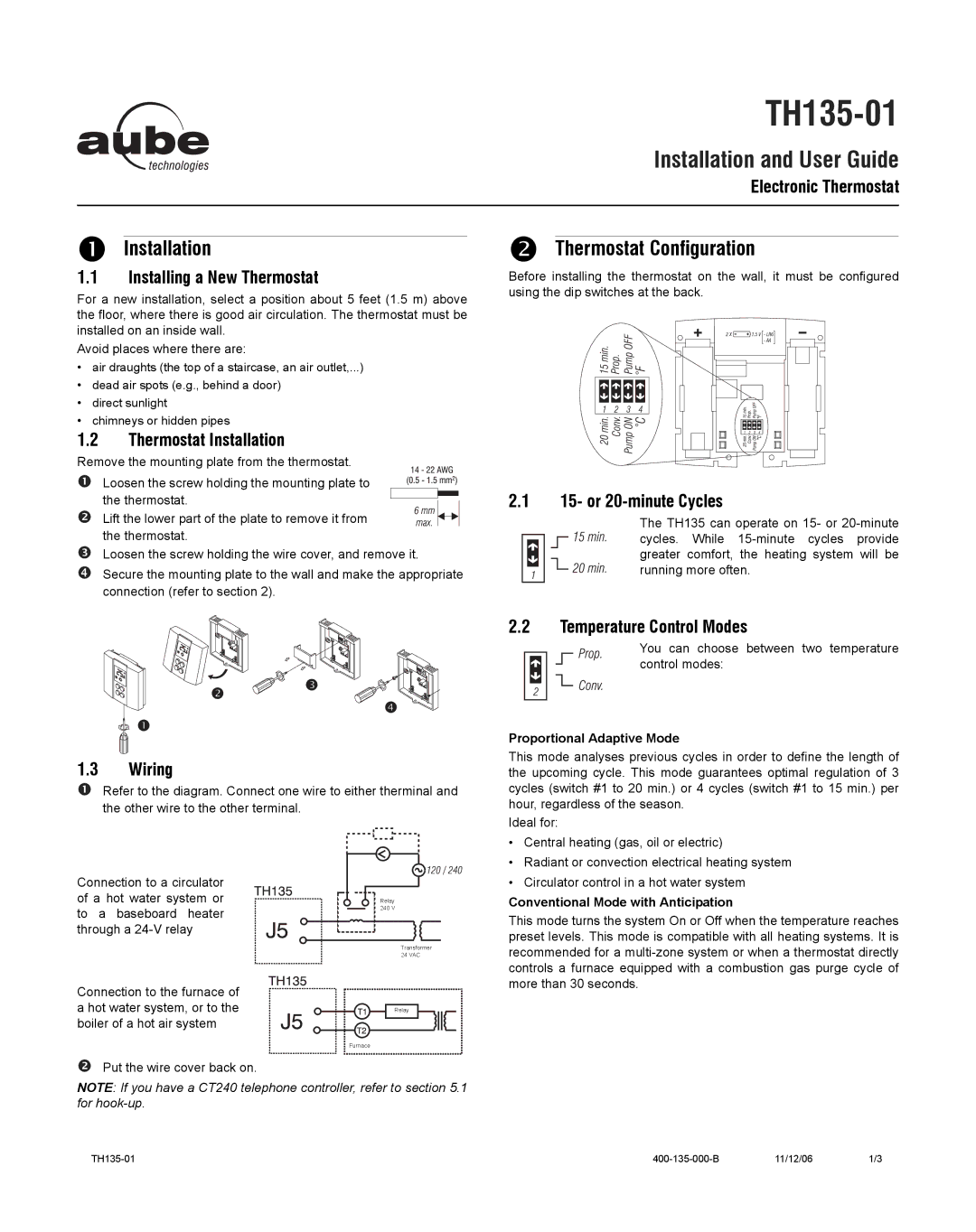 Aube Technologies TH135-01 manual Installation, Thermostat Configuration 