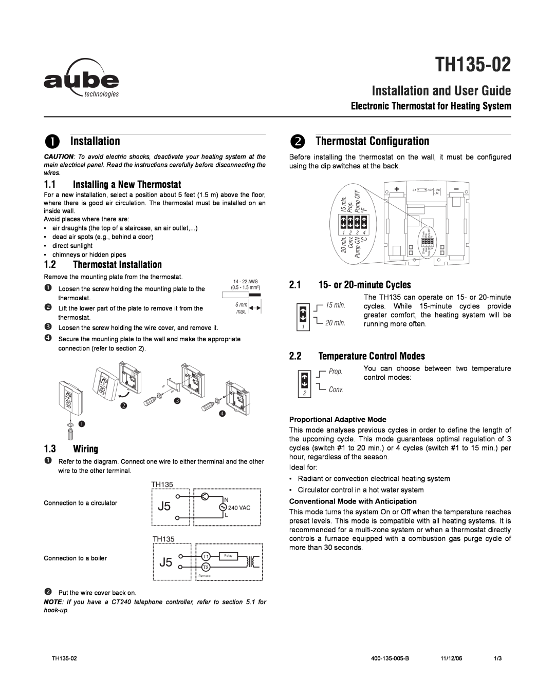 Aube Technologies TH135-02 manual Installation, Thermostat Configuration, Electronic Thermostat for Heating System, Wiring 